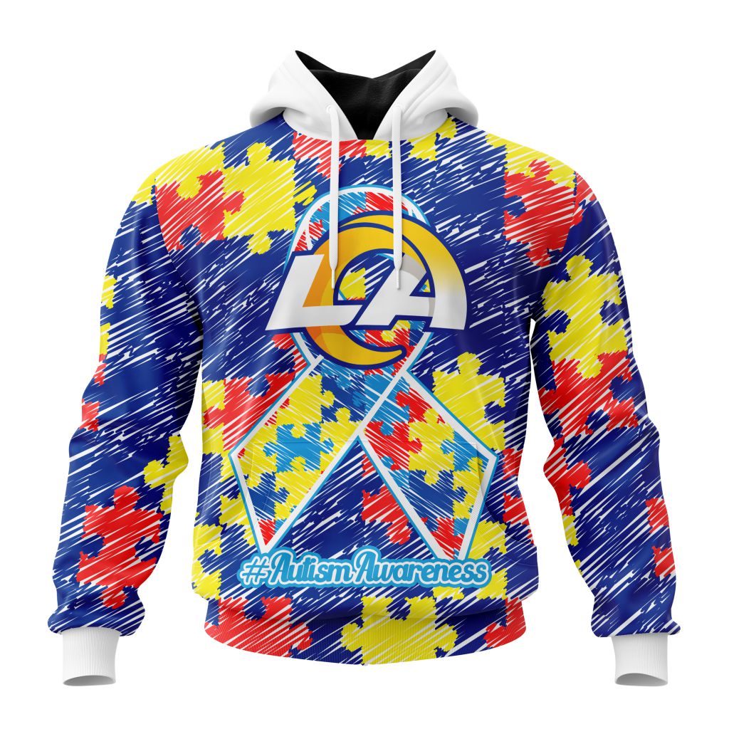 NFL Los Angeles Rams Custom Name Number Puzzle Autism Awareness Pullover Hoodie NFL Los Angeles Rams Custom Name Number Puzzle Autism Awareness Pullover Hoodie
