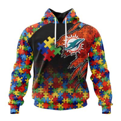 NFL Miami Dolphins Custom Name Number Autism Awareness Design Pullover Hoodie
