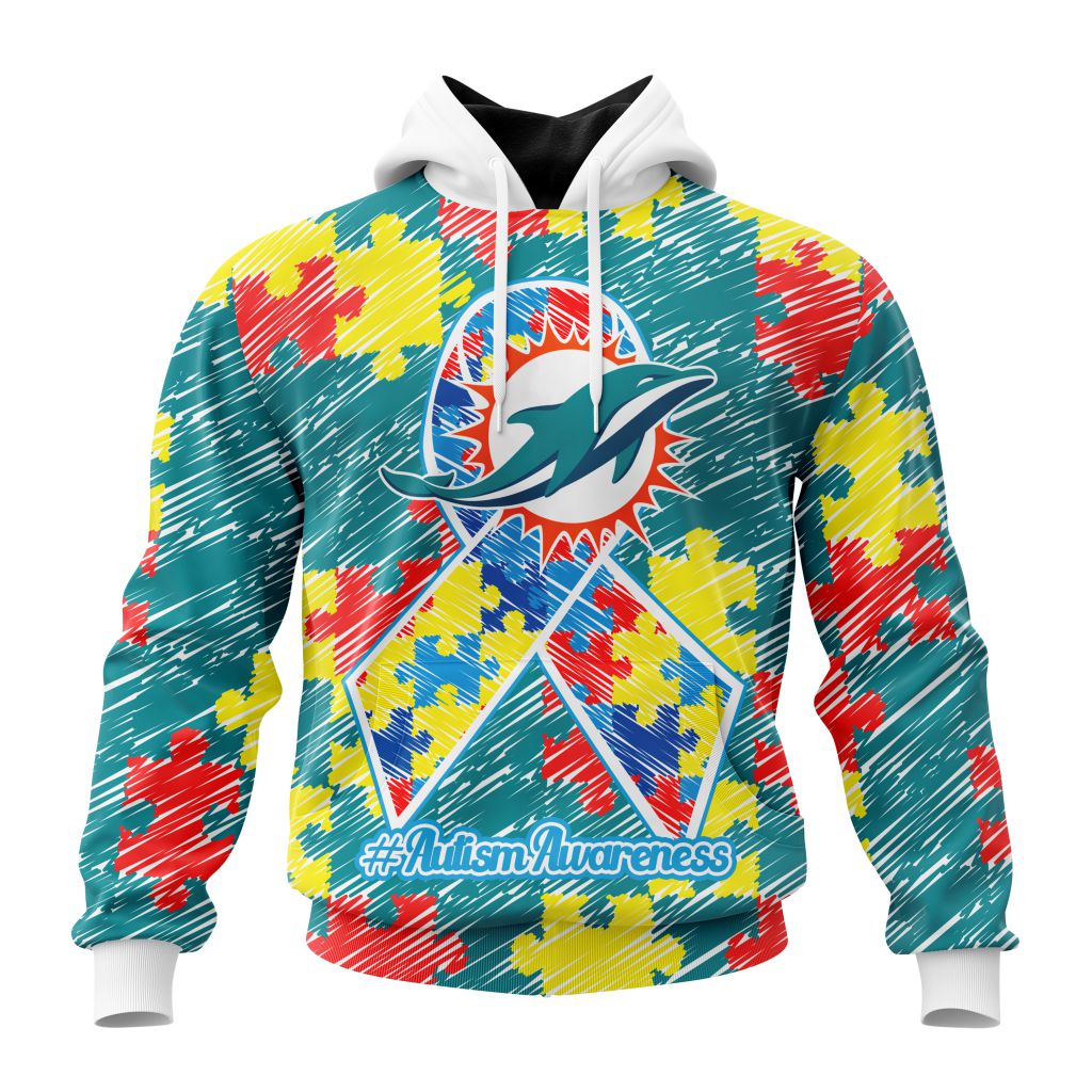 NFL Miami Dolphins Custom Name Number Puzzle Autism Awareness Pullover Hoodie NFL Miami Dolphins Custom Name Number Puzzle Autism Awareness Pullover Hoodie