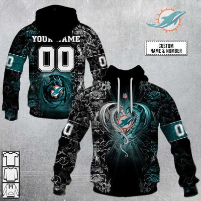 NFL Miami Dolphins Custom Name Number Rose Dragon Pullover Hoodie