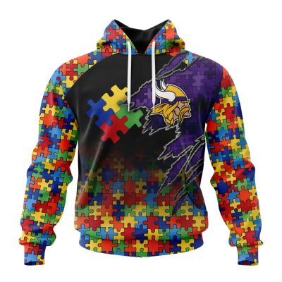NFL Minnesota Vikings Custom Name Number Autism Awareness Design Pullover Hoodie