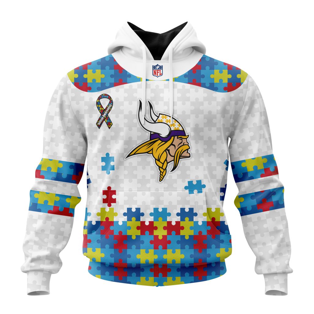 NFL Minnesota Vikings Custom Name Number Autism Awareness Pullover Hoodie NFL Minnesota Vikings Custom Name Number Autism Awareness Pullover Hoodie