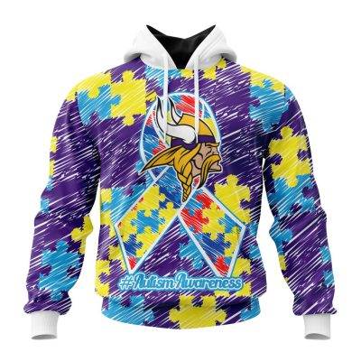 NFL Minnesota Vikings Custom Name Number Puzzle Autism Awareness Pullover Hoodie