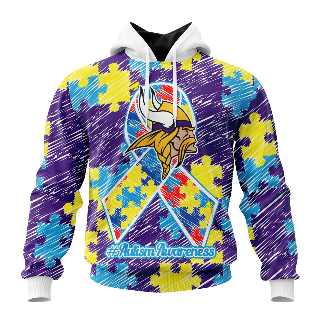 NFL Minnesota Vikings Custom Name Number Puzzle Autism Awareness Pullover Hoodie NFL Minnesota Vikings Custom Name Number Puzzle Autism Awareness Pullover Hoodie
