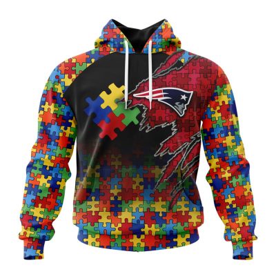 NFL New England Patriots Custom Name Number Autism Awareness Design Pullover Hoodie