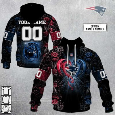 NFL New England Patriots Custom Name Number Rose Dragon Pullover Hoodie