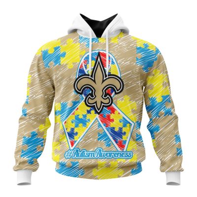 NFL New Orleans Saints Custom Name Number Puzzle Autism Awareness Pullover Hoodie