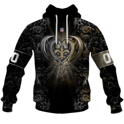 NFL New Orleans Saints Custom Name Number Rose Dragon Pullover Hoodie