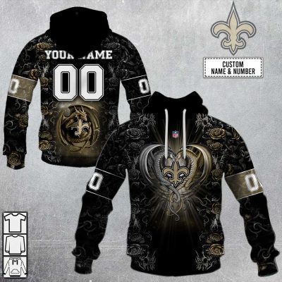 NFL New Orleans Saints Custom Name Number Rose Dragon Pullover Hoodie
