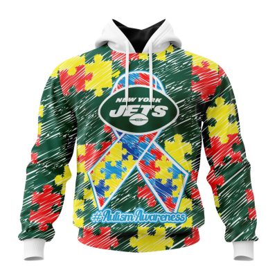 NFL New York Jets Custom Name Number Puzzle Autism Awareness Pullover Hoodie