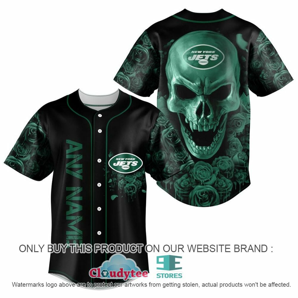 NFL New York Jets Green Skull Black Baseball Jersey NFL New York Jets Green Skull Black Baseball Jersey