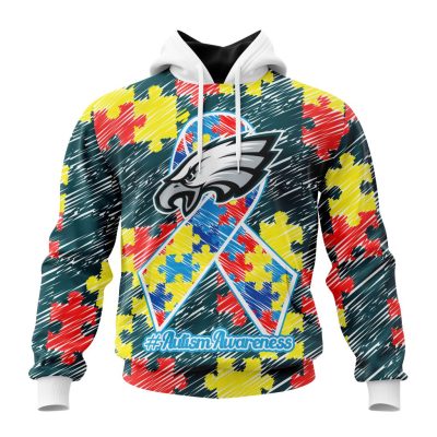 NFL Philadelphia Eagles Custom Name Number Puzzle Autism Awareness Pullover Hoodie