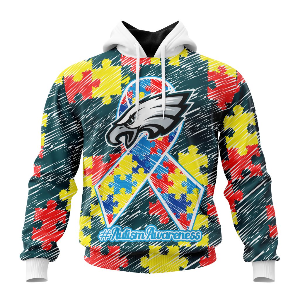 NFL Philadelphia Eagles Custom Name Number Puzzle Autism Awareness Pullover Hoodie NFL Philadelphia Eagles Custom Name Number Puzzle Autism Awareness Pullover Hoodie