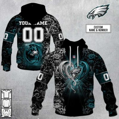 NFL Philadelphia Eagles Custom Name Number Rose Dragon Pullover Hoodie
