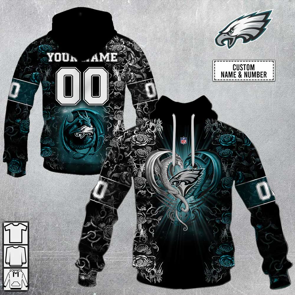 NFL Philadelphia Eagles Custom Name Number Rose Dragon Pullover Hoodie NFL Philadelphia Eagles Custom Name Number Rose Dragon Pullover Hoodie