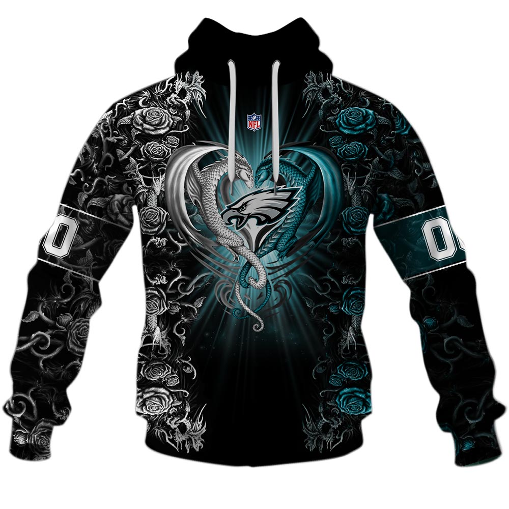 NFL Philadelphia Eagles Custom Name Number Rose Dragon Pullover Hoodie NFL Philadelphia Eagles Custom Name Number Rose Dragon Pullover Hoodie