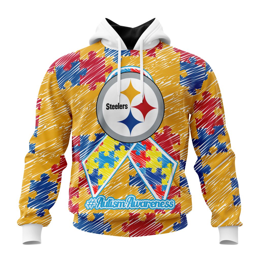 NFL Pittsburgh Steelers Custom Name Number Puzzle Autism Awareness Pullover Hoodie NFL Pittsburgh Steelers Custom Name Number Puzzle Autism Awareness Pullover Hoodie