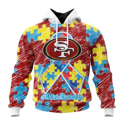 NFL San Francisco 49ers Custom Name Number Puzzle Autism Awareness Pullover Hoodie