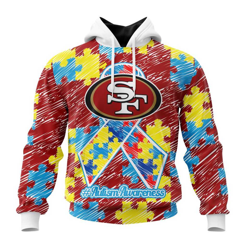 NFL San Francisco 49ers Custom Name Number Puzzle Autism Awareness Pullover Hoodie NFL San Francisco 49ers Custom Name Number Puzzle Autism Awareness Pullover Hoodie