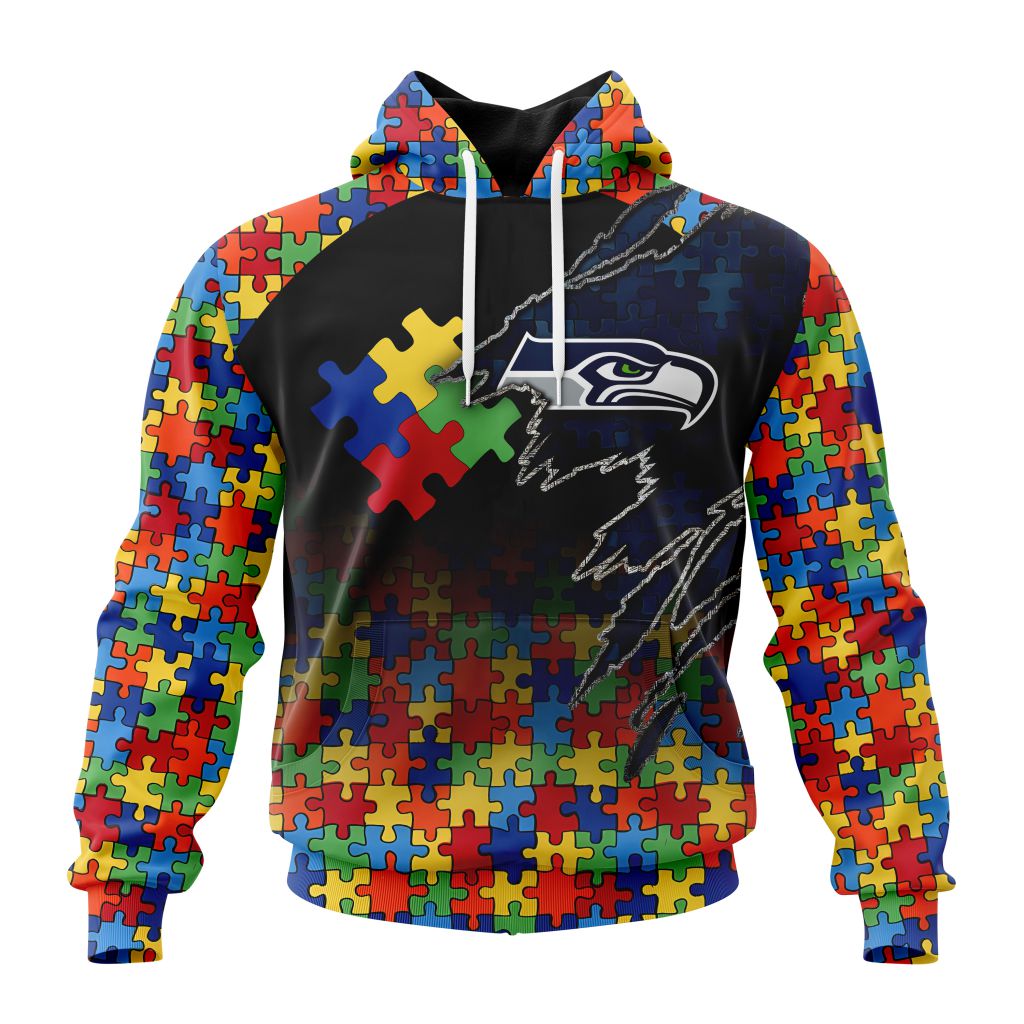 NFL Seattle Seahawks Custom Name Number Autism Awareness Design Pullover Hoodie NFL Seattle Seahawks Custom Name Number Autism Awareness Design Pullover Hoodie