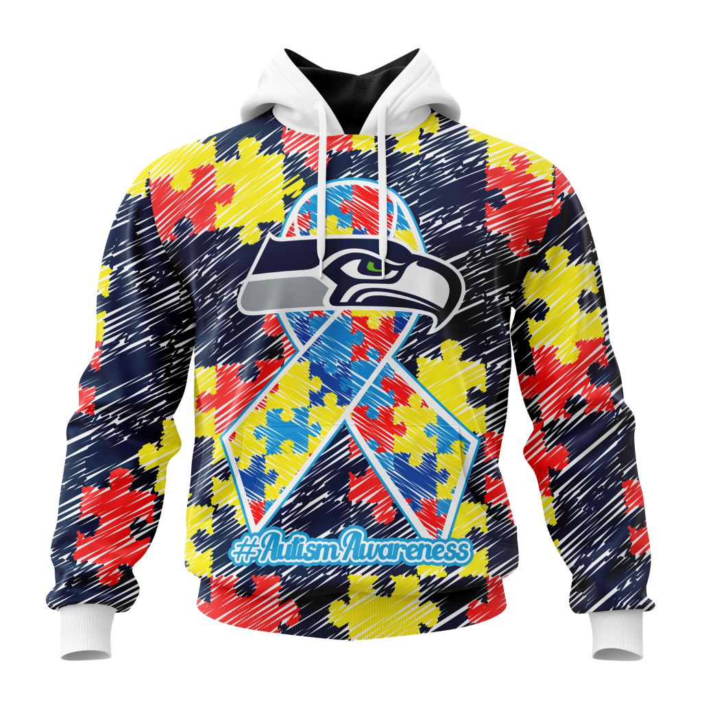 NFL Seattle Seahawks Custom Name Number Puzzle Autism Awareness Pullover Hoodie NFL Seattle Seahawks Custom Name Number Puzzle Autism Awareness Pullover Hoodie