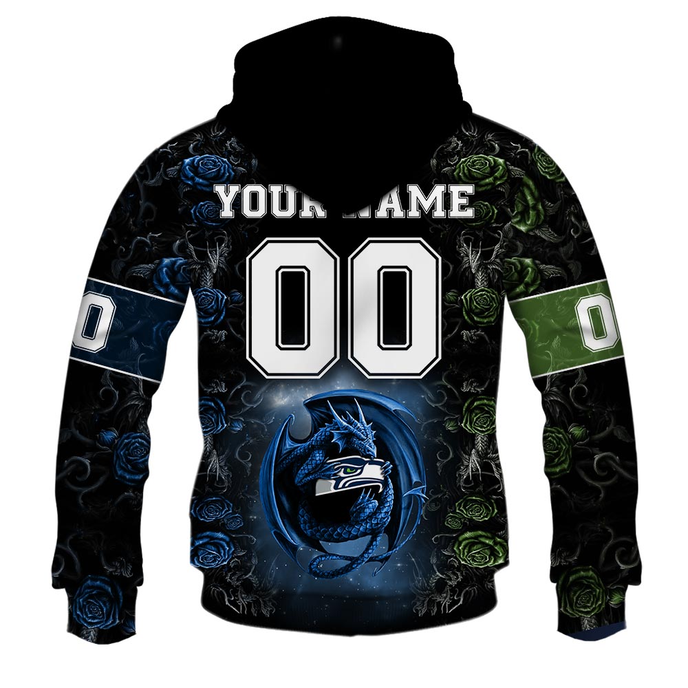 NFL Seattle Seahawks Custom Name Number Rose Dragon Pullover Hoodie NFL Seattle Seahawks Custom Name Number Rose Dragon Pullover Hoodie