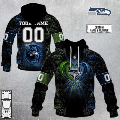 NFL Seattle Seahawks Custom Name Number Rose Dragon Pullover Hoodie