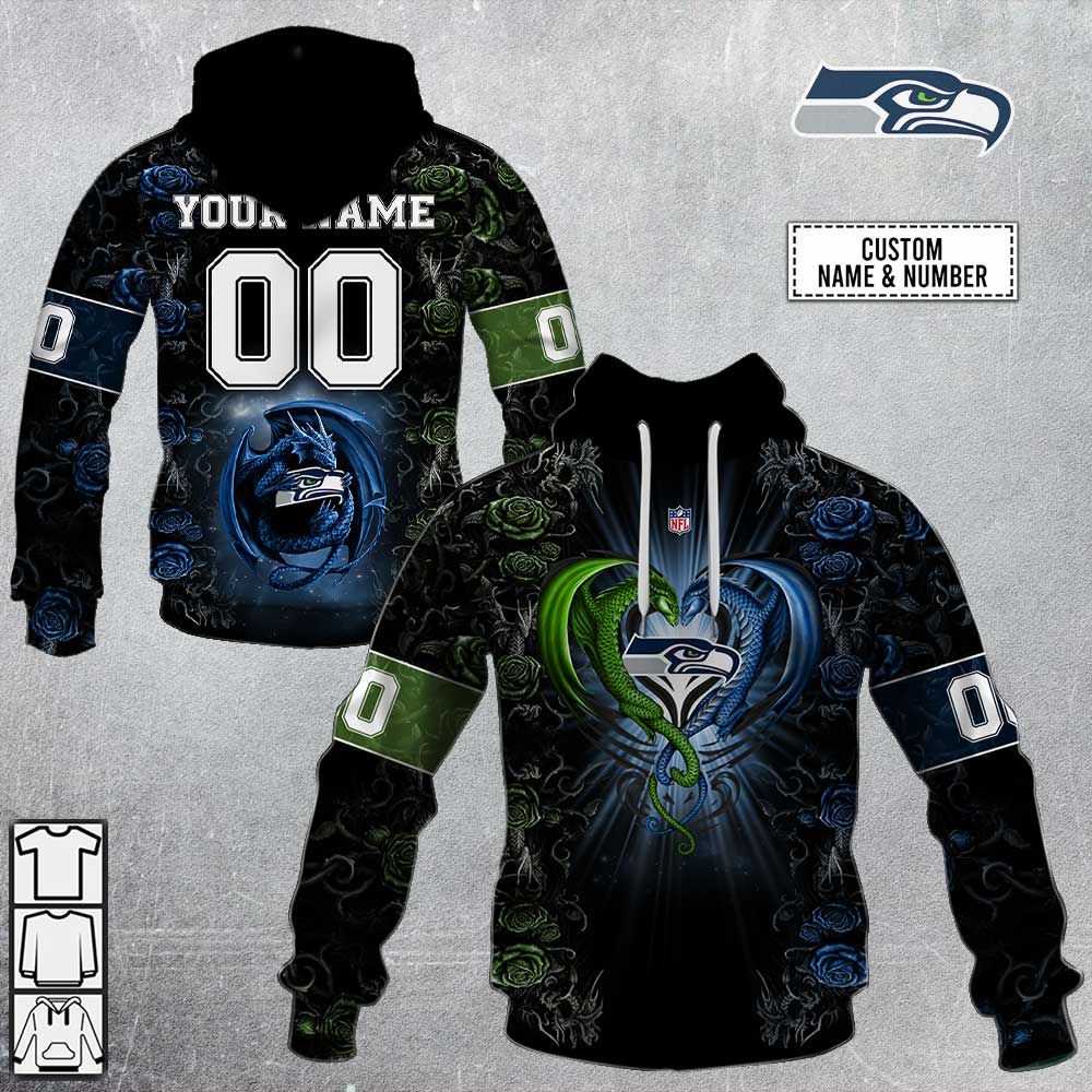 NFL Seattle Seahawks Custom Name Number Rose Dragon Pullover Hoodie NFL Seattle Seahawks Custom Name Number Rose Dragon Pullover Hoodie