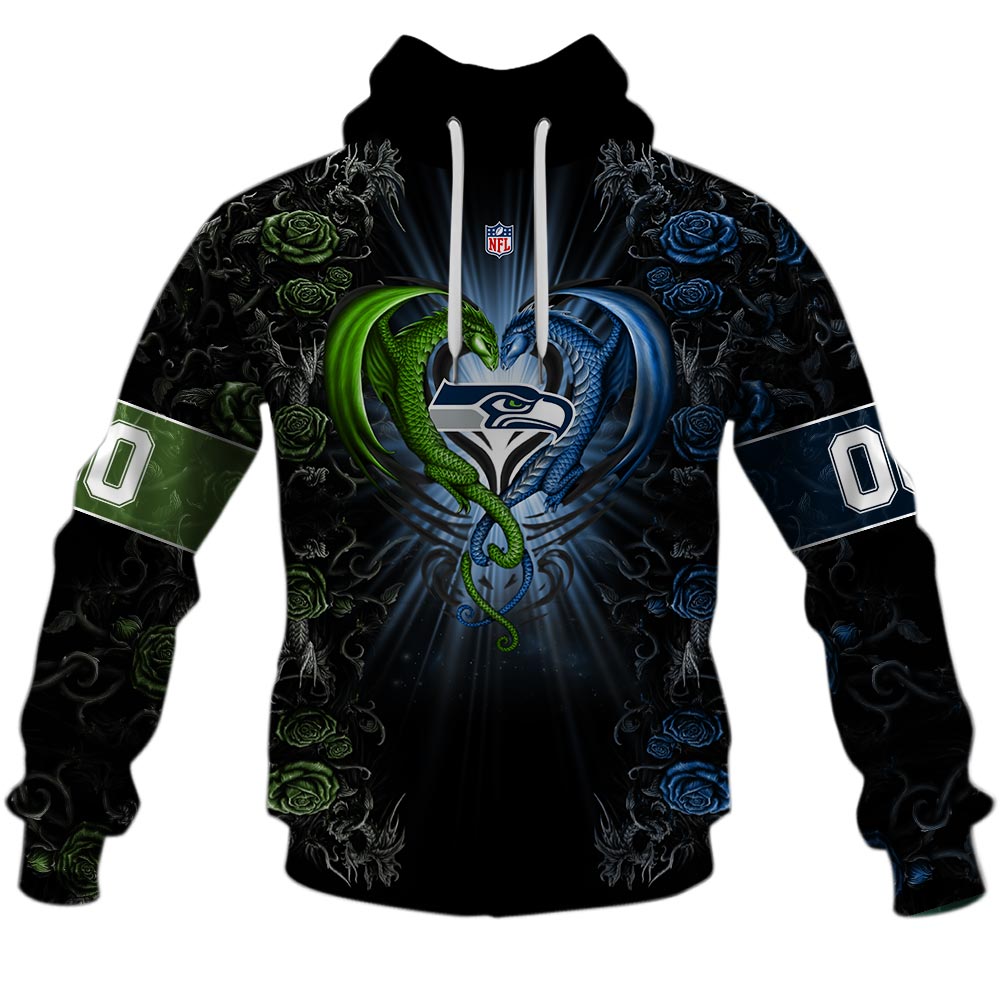NFL Seattle Seahawks Custom Name Number Rose Dragon Pullover Hoodie NFL Seattle Seahawks Custom Name Number Rose Dragon Pullover Hoodie