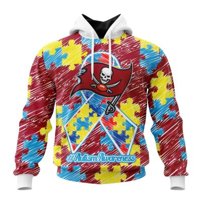 NFL Tampa Bay Buccaneers Custom Name Number Puzzle Autism Awareness Pullover Hoodie