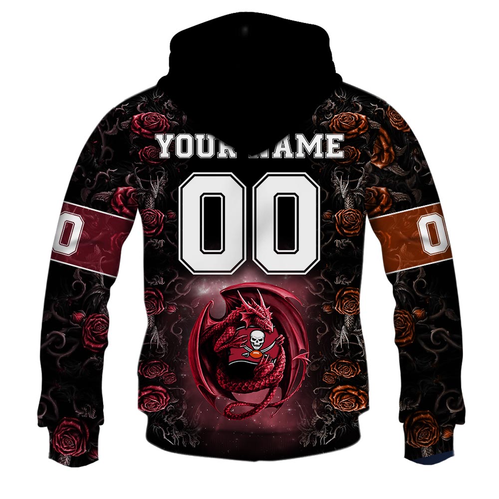 NFL Tampa Bay Buccaneers Custom Name Number Rose Dragon Pullover Hoodie NFL Tampa Bay Buccaneers Custom Name Number Rose Dragon Pullover Hoodie