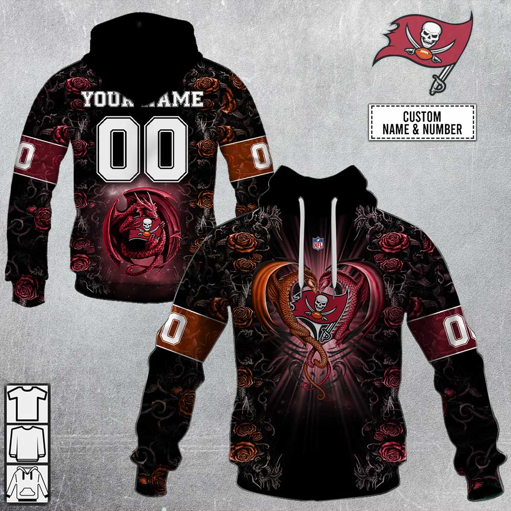 NFL Tampa Bay Buccaneers Custom Name Number Rose Dragon Pullover Hoodie NFL Tampa Bay Buccaneers Custom Name Number Rose Dragon Pullover Hoodie