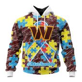 NFL Washington Commanders Custom Name Number Puzzle Autism Awareness Pullover Hoodie