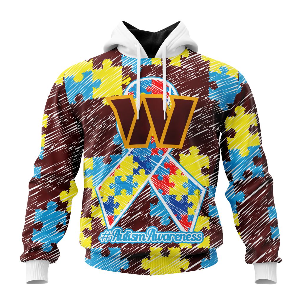 NFL Washington Commanders Custom Name Number Puzzle Autism Awareness Pullover Hoodie NFL Washington Commanders Custom Name Number Puzzle Autism Awareness Pullover Hoodie