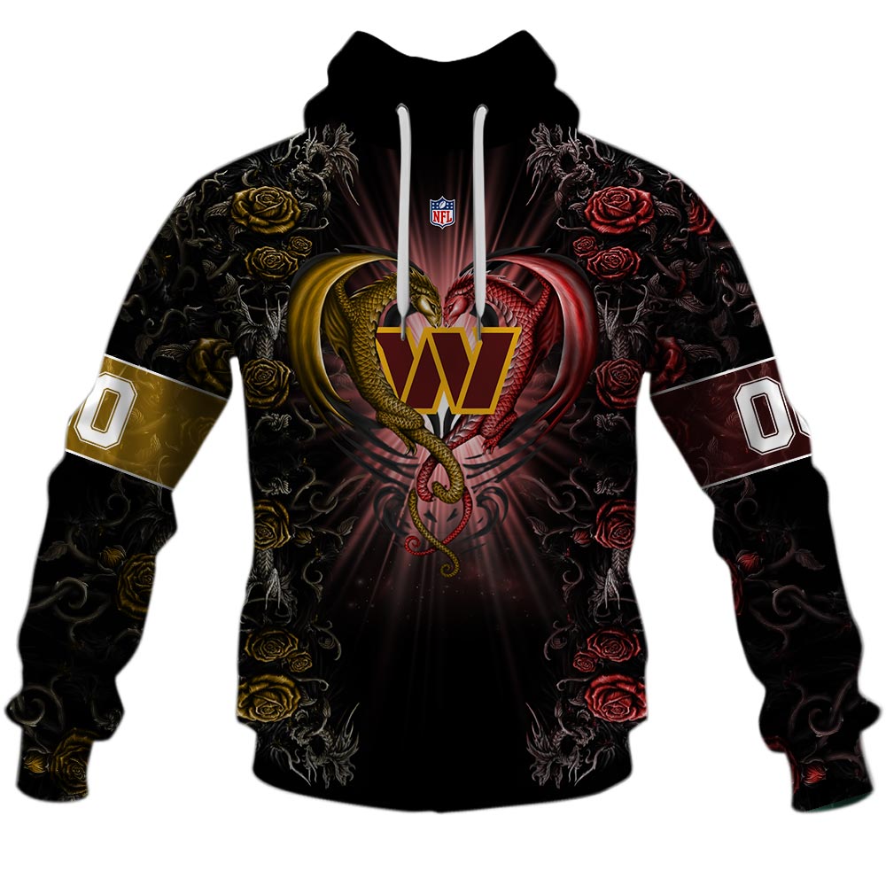 NFL Washington Commanders Custom Name Number Rose Dragon Pullover Hoodie NFL Washington Commanders Custom Name Number Rose Dragon Pullover Hoodie