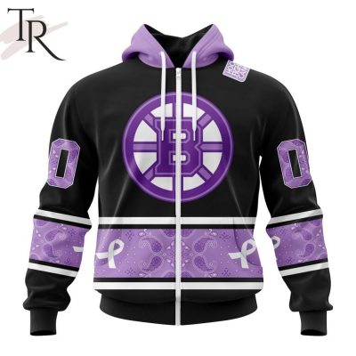 NHL Boston Bruins Special Black And Lavender Hockey Fight Cancer Design Personalized Hoodie