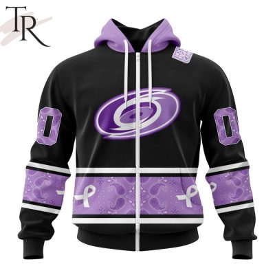 NHL Carolina Hurricanes Special Black And Lavender Hockey Fight Cancer Design Personalized Hoodie