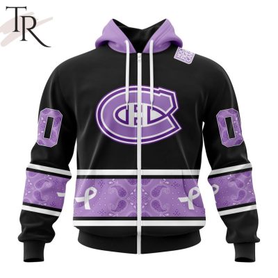 NHL Montreal Canadiens Special Black And Lavender Hockey Fight Cancer Design Personalized Hoodie