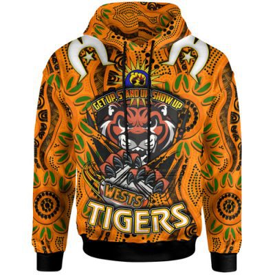 Wests Tigers Hoodie - Custom Naidoc Week Wests Tigers Ball Aboriginal Inspired Culture "Get Up, Stand Up, Show Up" Hoodie