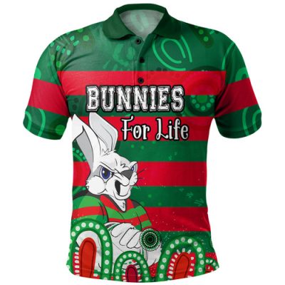 Souths Custom Polo Shirt - Bunnies For Life With Aboriginal Style Polo Shirt