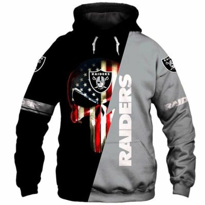 NFL Las Vegas Raiders Punisher Skull Silver Black Pullover Hoodie