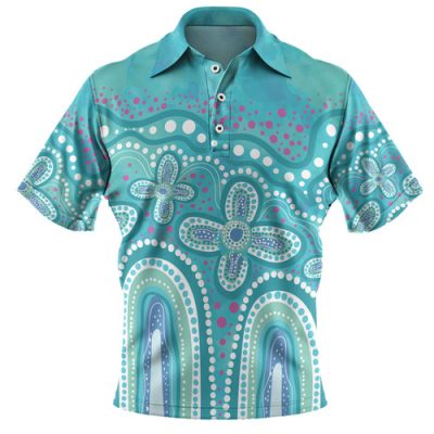 Australia Aboriginal Polo Shirt - Dot painting illustration in Aboriginal style Turquoise Polo Shirt