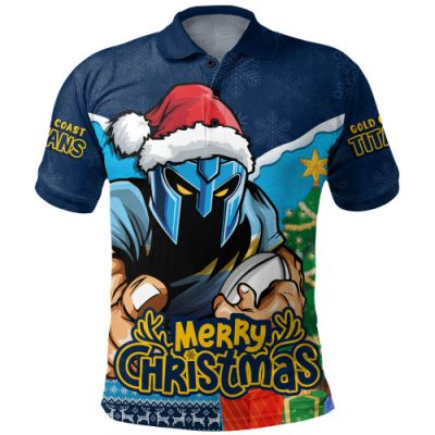 Gold Coast Titans Polo Shirt Santa Scoring Touchdown On Christmas Game Day