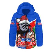 Newcastle Knights Hooded Padded Jacket Santa Scoring Touchdown On Christmas Game Day