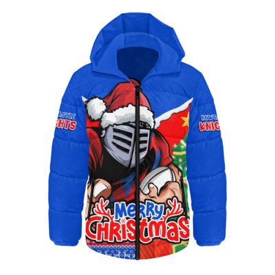 Newcastle Knights Hooded Padded Jacket Santa Scoring Touchdown On Christmas Game Day