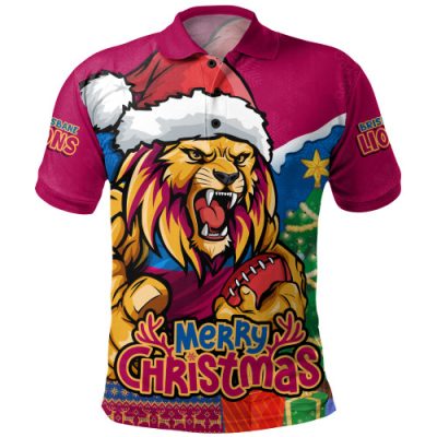 Brisbane Lions Polo Shirt Santa Scoring Touchdown On Christmas Game Day
