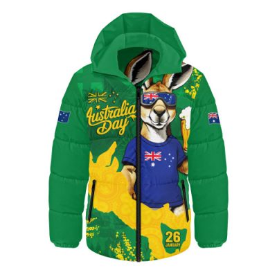 Australia Hooded Padded Jacket Australia Day Kangaroo Cheers Green Gold Celebration Edition