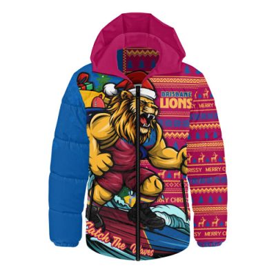 Brisbane Lions Hooded Padded Jacket Christmas Holiday Santa Rides The Waves