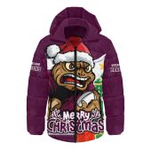 Queensland Maroons Hooded Padded Jacket Santa Scoring Touchdown On Christmas Game Day