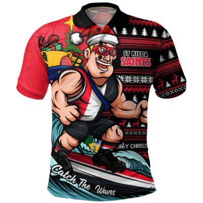 St Kilda Polo Shirt Christmas Holiday Santa Rides The Waves